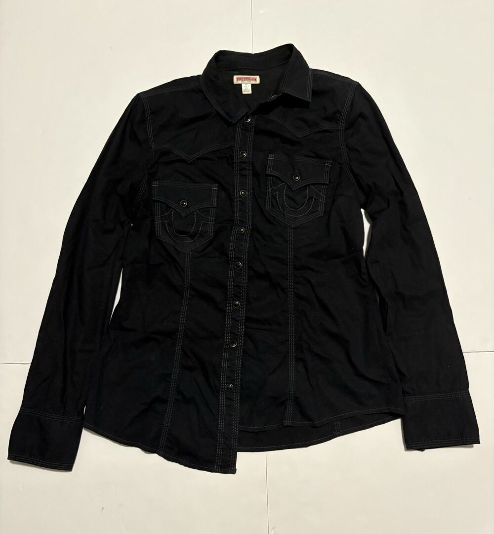 True Religion Womens Medium Black Western Snap Shirt Horseshoe Pockets Y2K